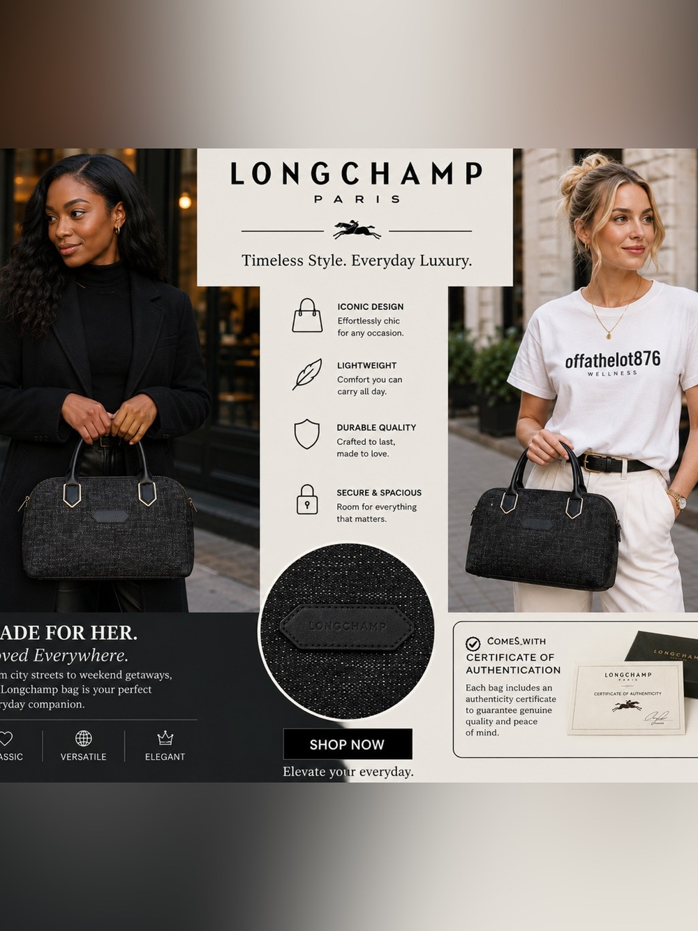 Longchamp Black Textured Satchel with Top Handles